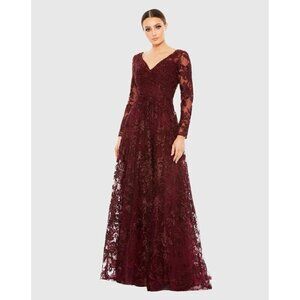 Mac Duggal Size 14 Burgundy 20409 Embellished Illusion Long Sleeve V Neck Gown